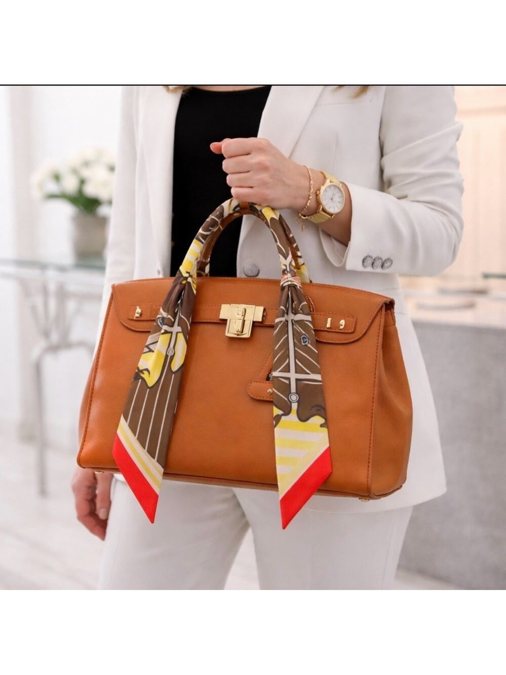 ORANGE BROWN RED YELLOW EQUESTRIAN HORSE SKINNY SCARF HANDBAG HANDLE WRAP TIE